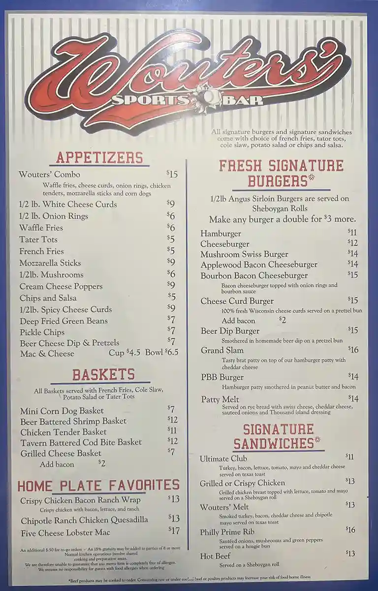 Wouter's Sports bar Menu